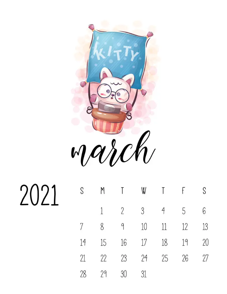 Cute Traveling Animals Calendar March 2021