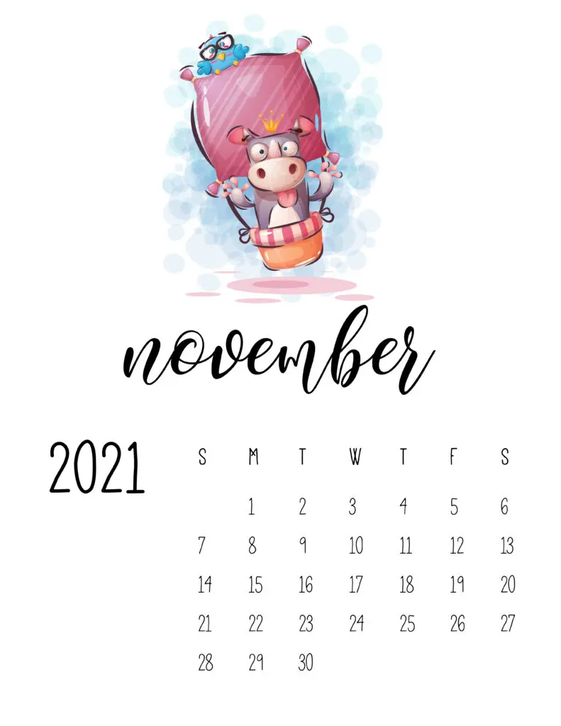 Cute Traveling Animals Calendar November 2021