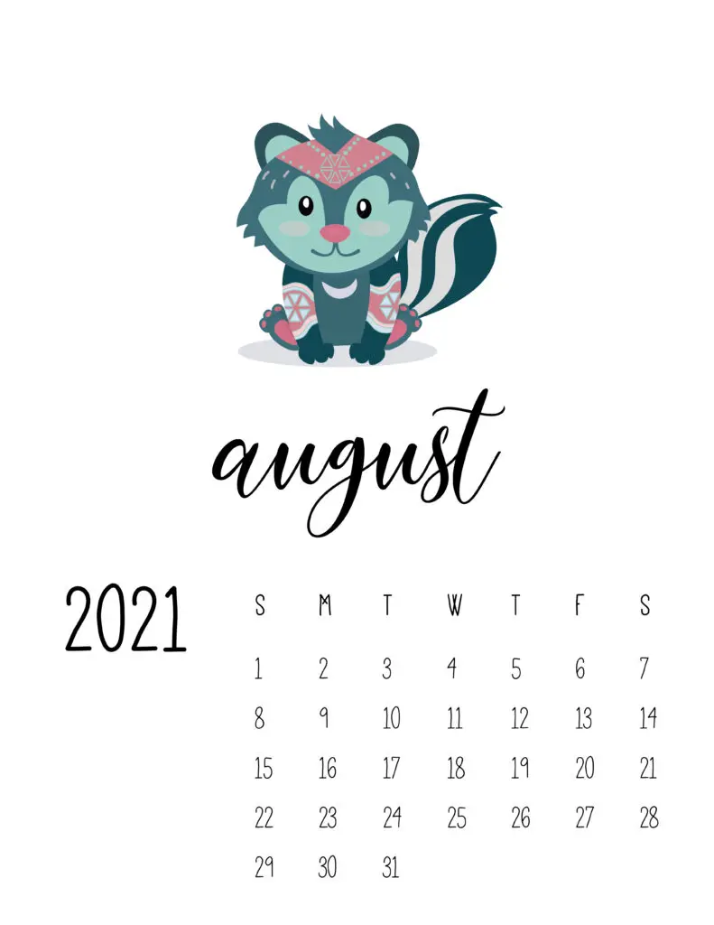 Cute Wild Animals August 2021 Calendar