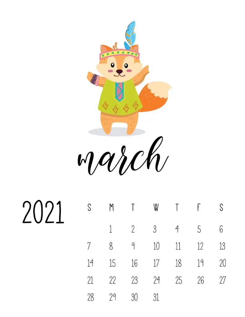 Cute Wild Animals March 2021 Calendar