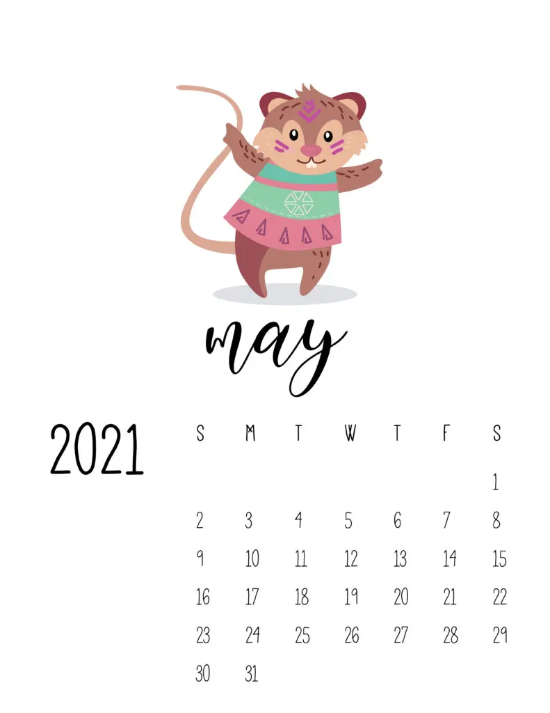 Cute Wild Animals May 2021 Calendar