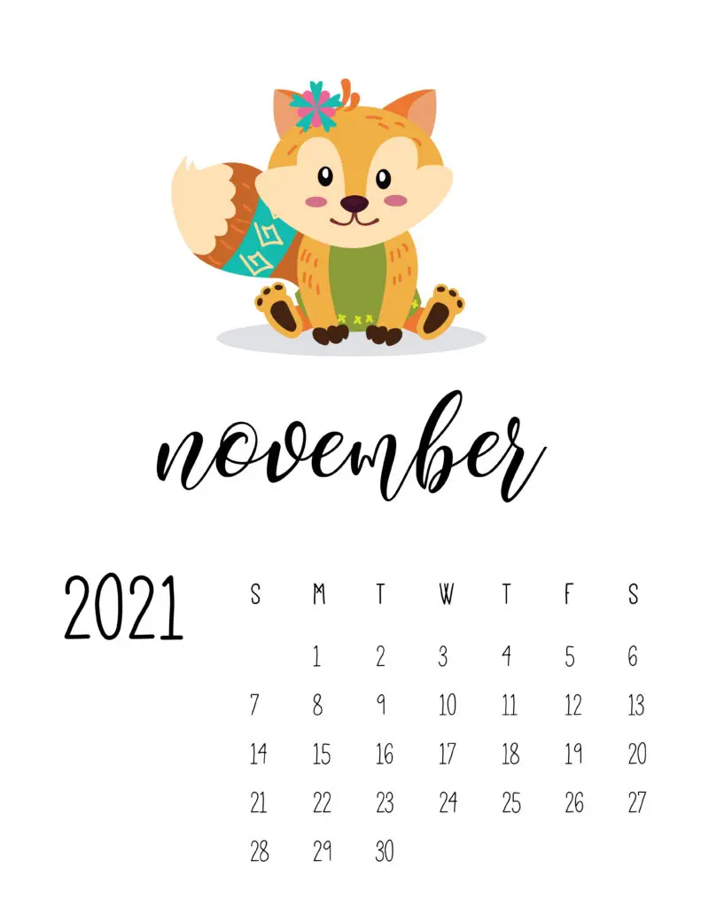 Cute Wild Animals November 2021 Calendar