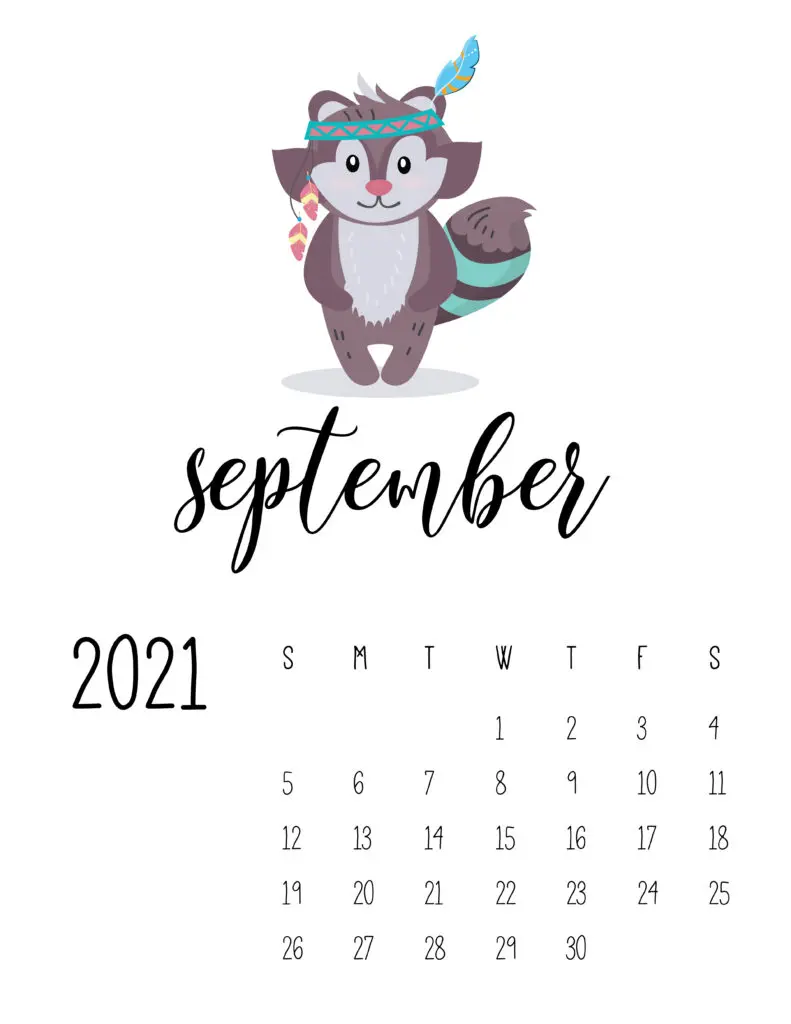 Cute Wild Animals September 2021 Calendar