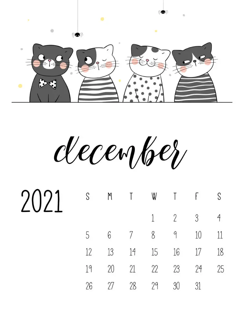 December 2021 Calendar Cute Cats