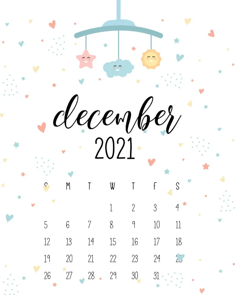 December 2021 Calendar Cute Nursery Mobile