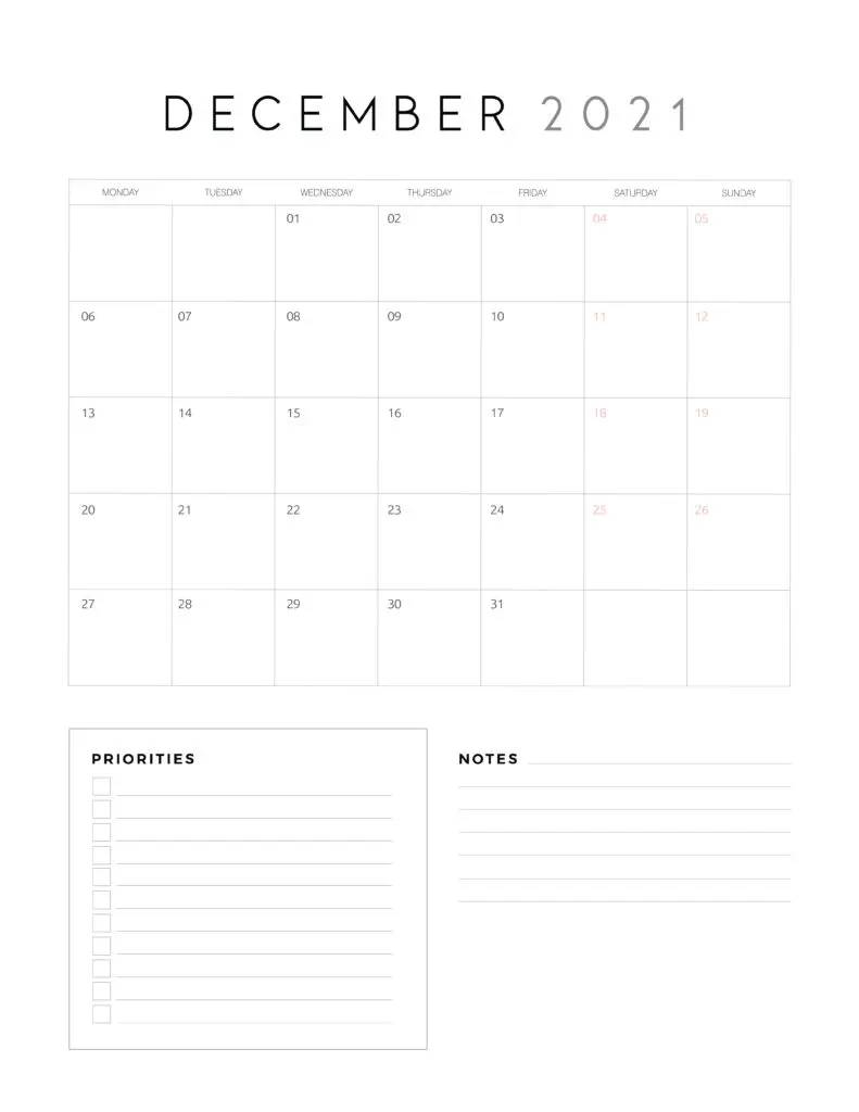 December 2021 Calendar With Priorities And Notes