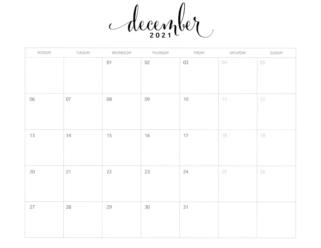 December 2021 Monthly Calendar Monday Start