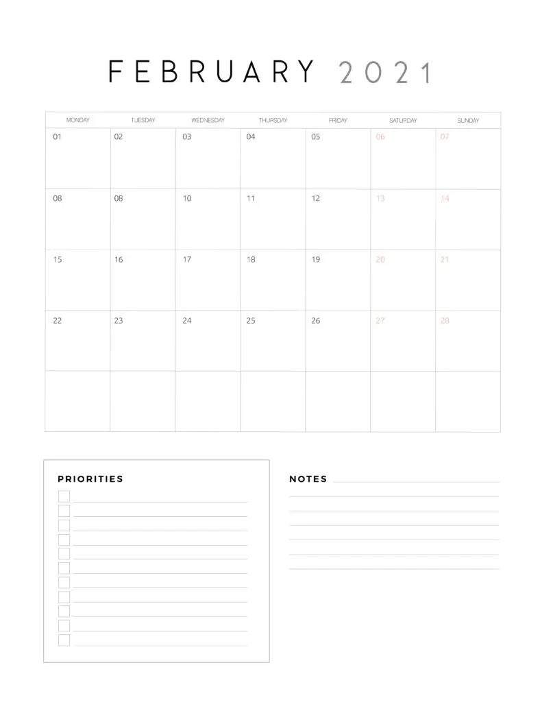 February 2021 Calendar With Priorities And Notes