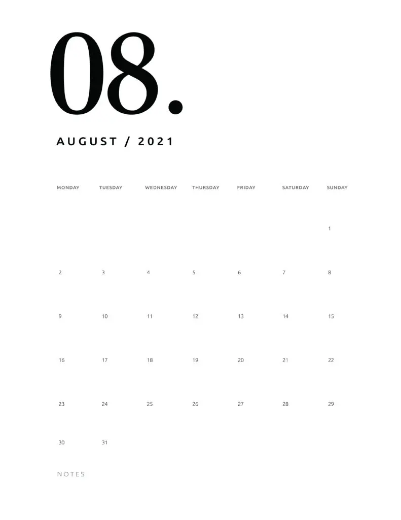 Free August 2021 Calendar Numerical