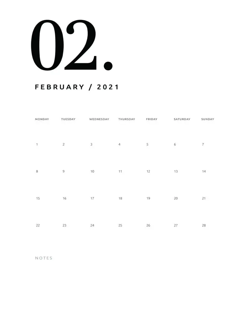 Free February 2021 Calendar Numerical