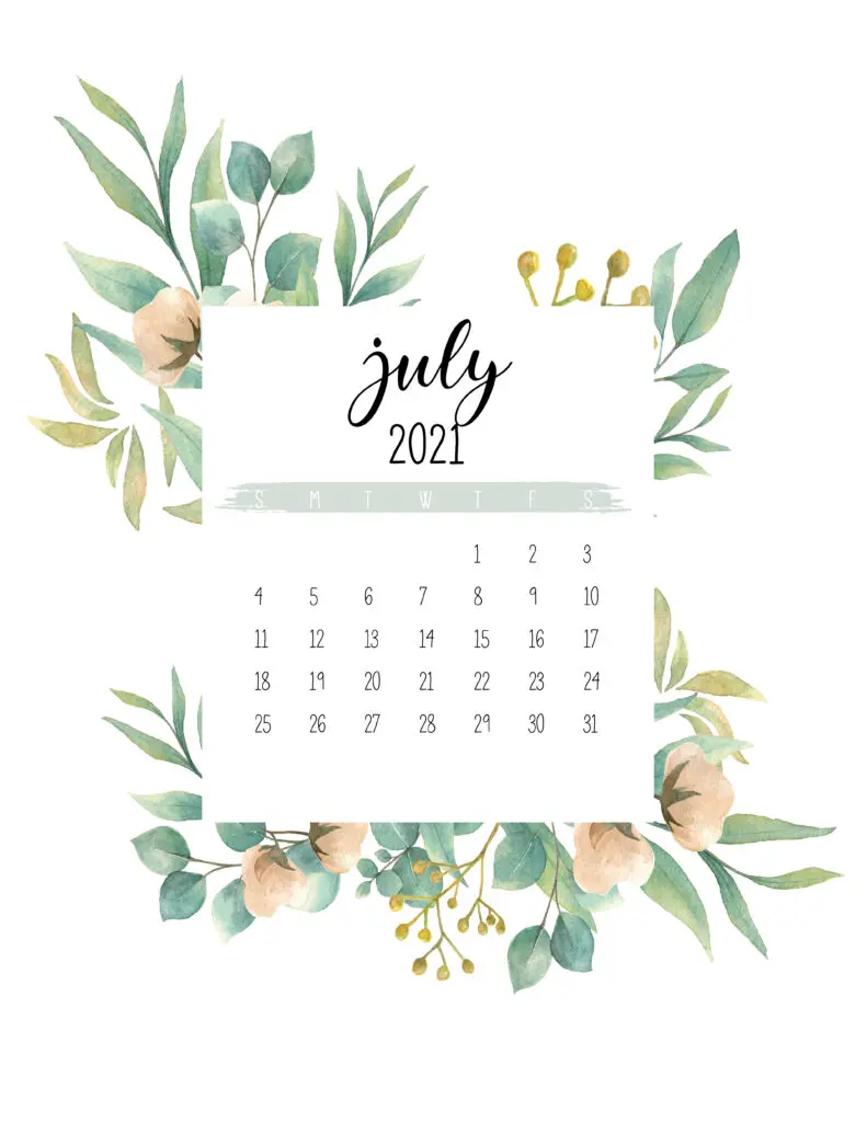 Free July 2021 Botanical Calendar