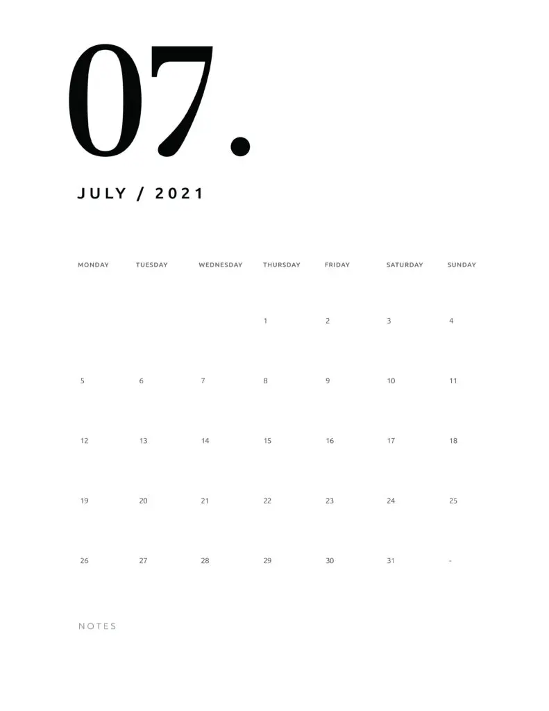Free July 2021 Calendar Numerical