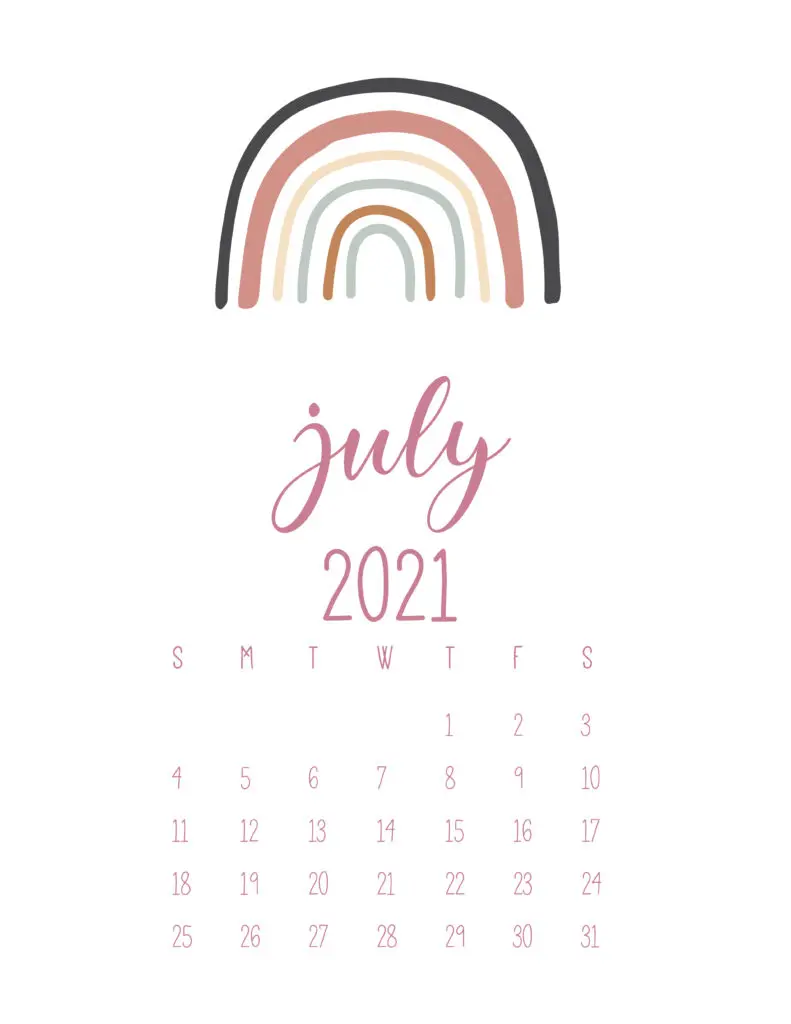 Free July 2021 Rainbows Calendar