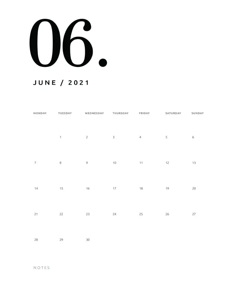 Free June 2021 Calendar Numerical