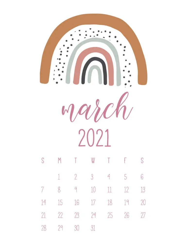 Free March 2021 Rainbows Calendar