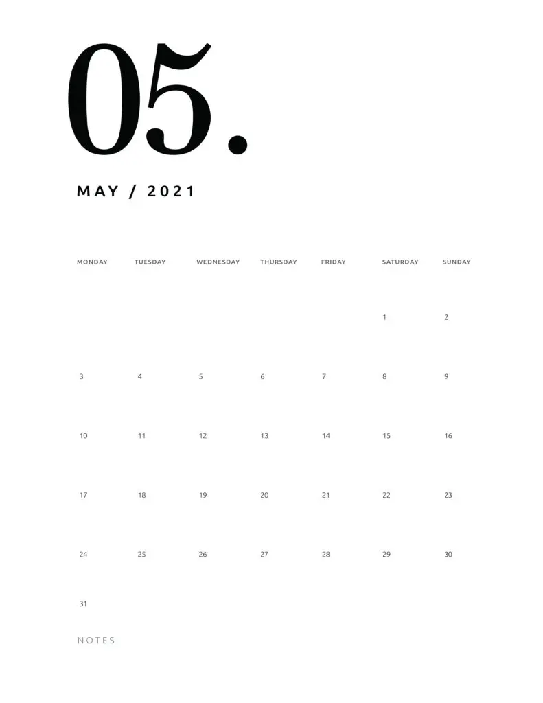 Free May 2021 Calendar Numerical
