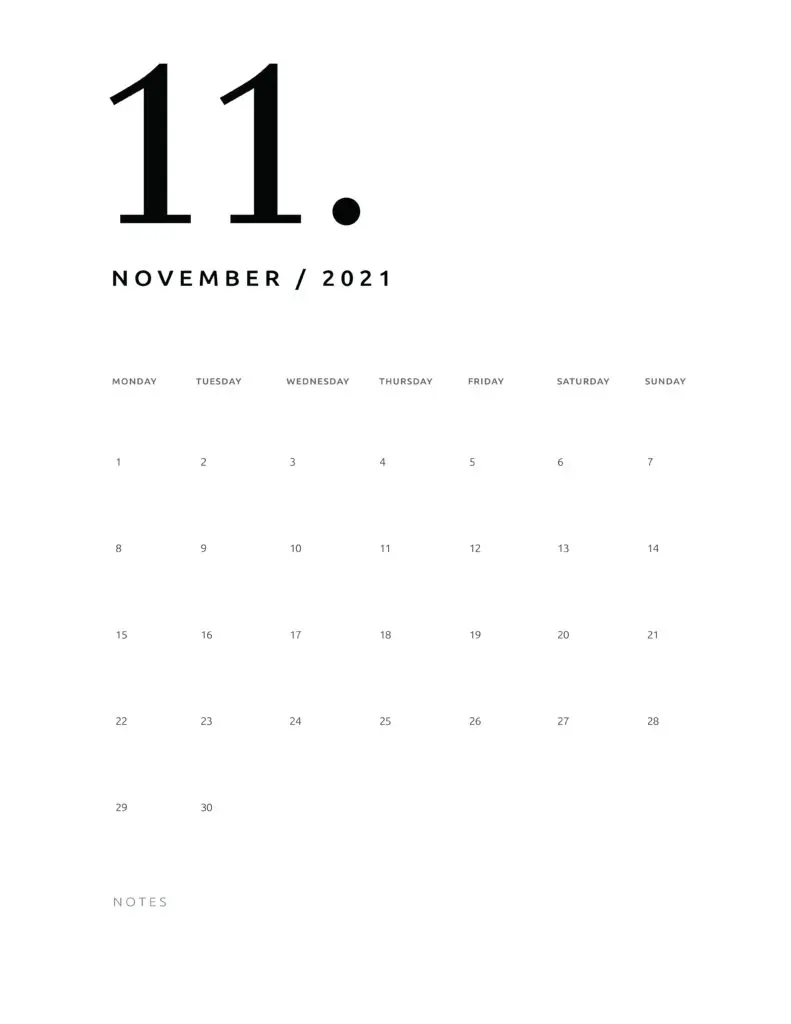 Free November 2021 Calendar Numerical