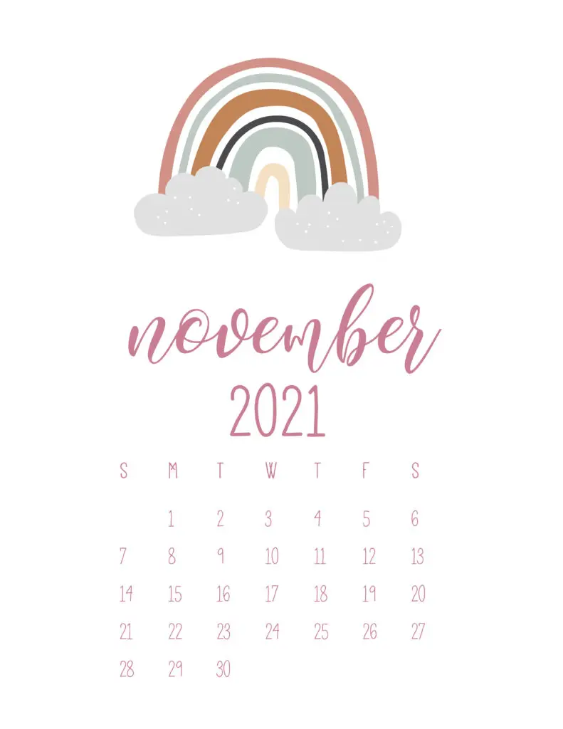 Free November 2021 Rainbows Calendar