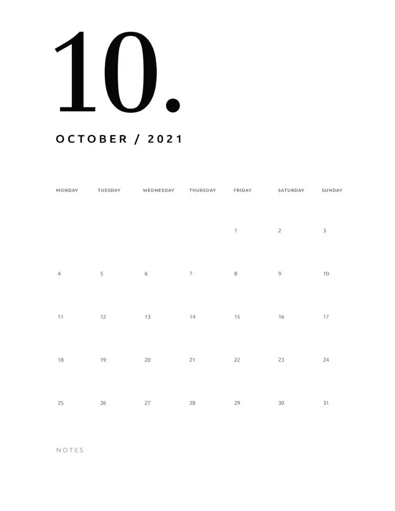 Free October 2021 Calendar Numerical