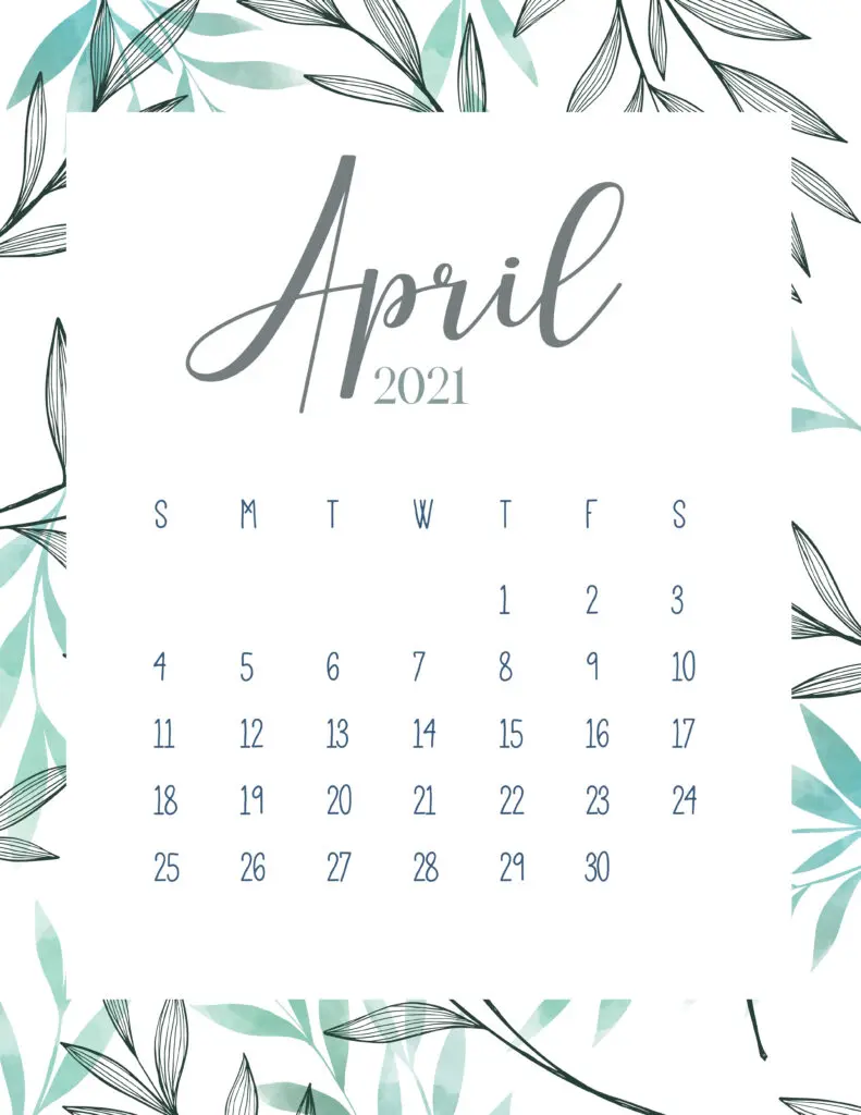 Free Printable April 2021 Botanical Calendar