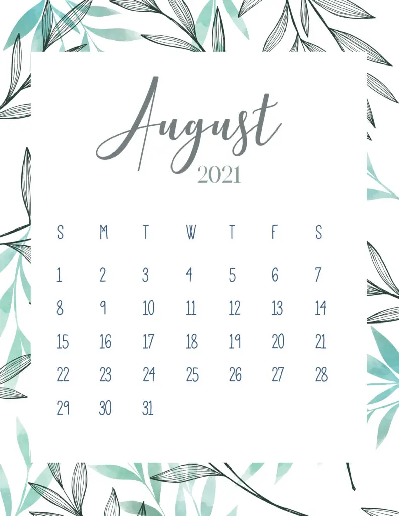 Free Printable August 2021 Botanical Calendar