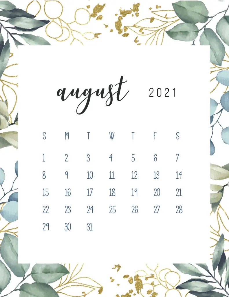 Free Printable August Calendar 2021 Botanical