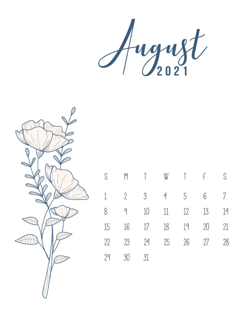 Free Printable Calendar August 2021 Floral