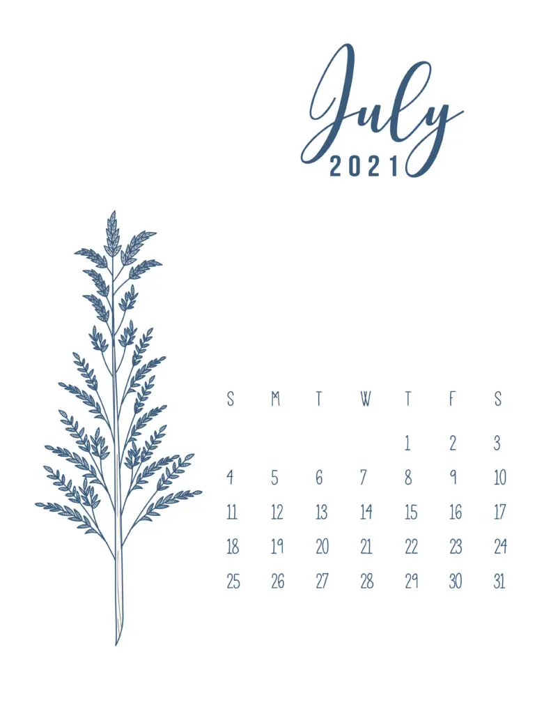 Free Printable Calendar July 2021 Floral