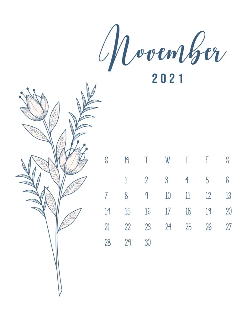 Free Printable Calendar November 2021 Floral
