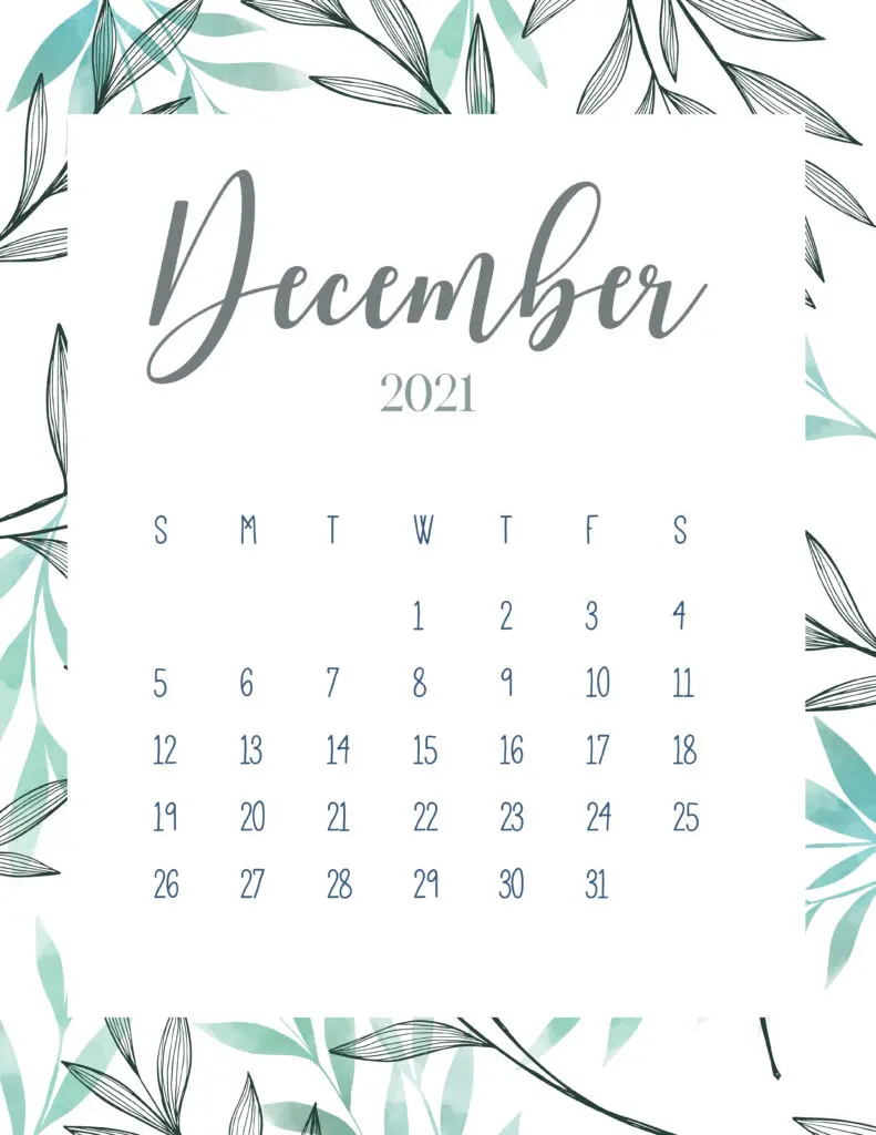 Free Printable December 2021 Botanical Calendar