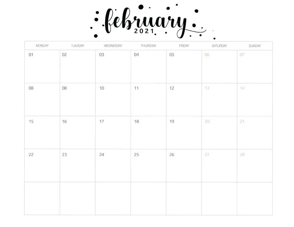 Free Printable February 2021 Calendar Brush Art