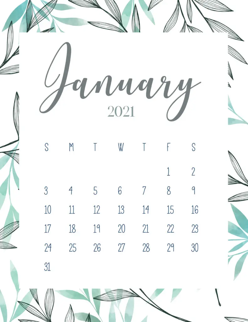 Free Printable January 2021 Botanical Calendar