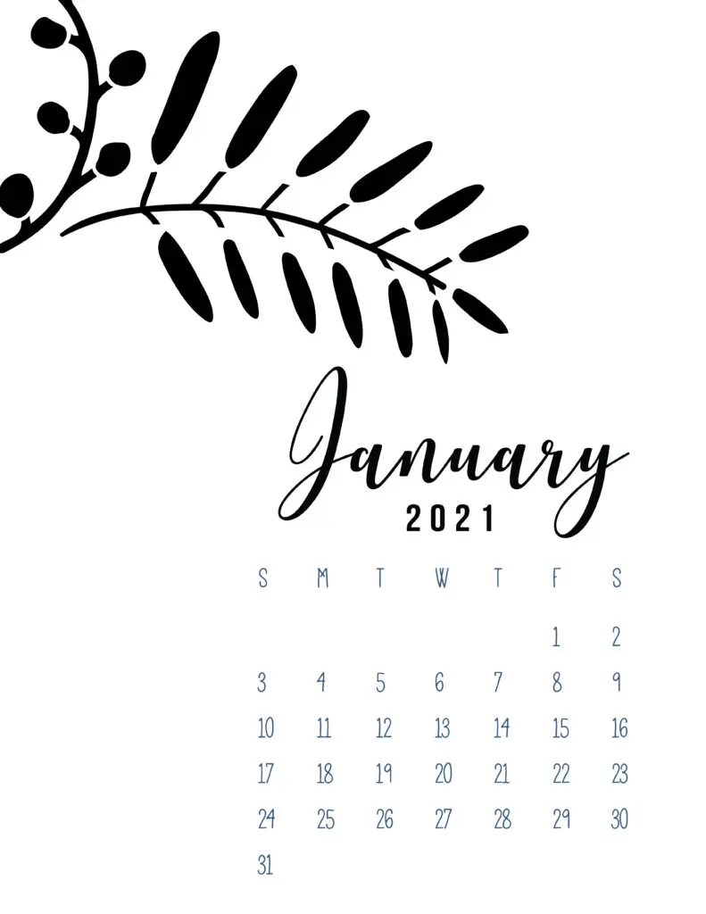 Free Printable January 2021 Calendar Botanical