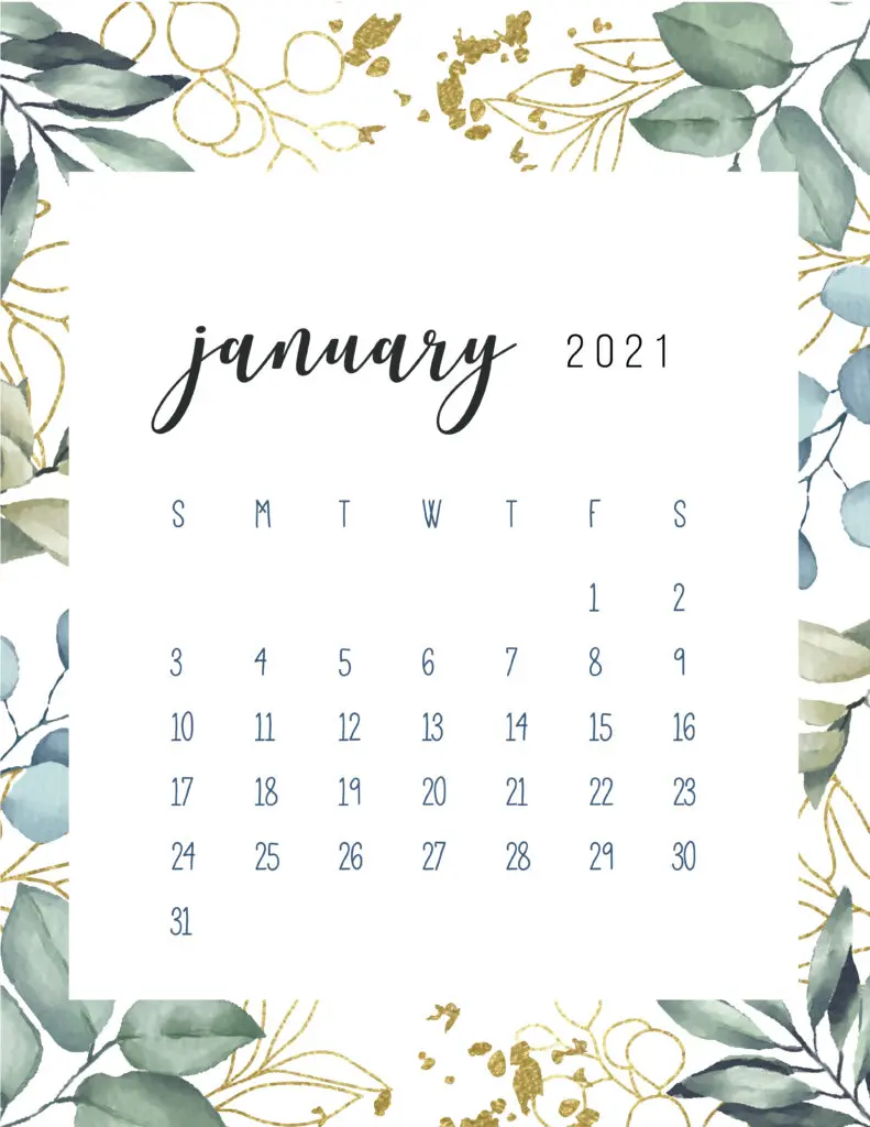 Free Printable January Calendar 2021 Botanical