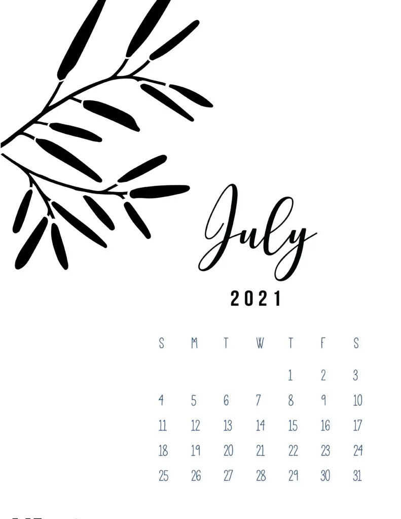Free Printable July 2021 Calendar Botanical