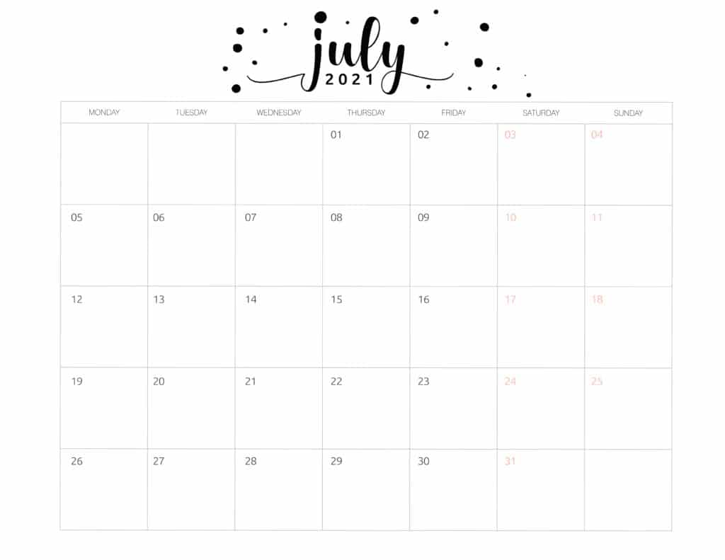 Free Printable July 2021 Calendar Brush Art