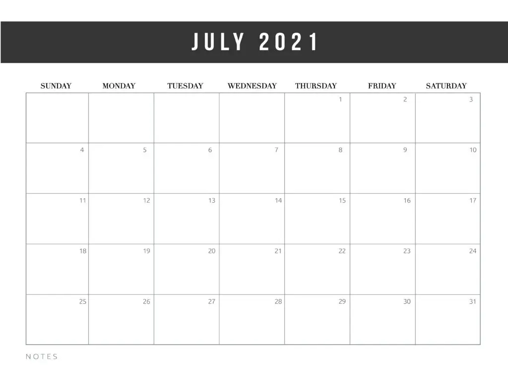 Free Printable July 2021 Calendar Template