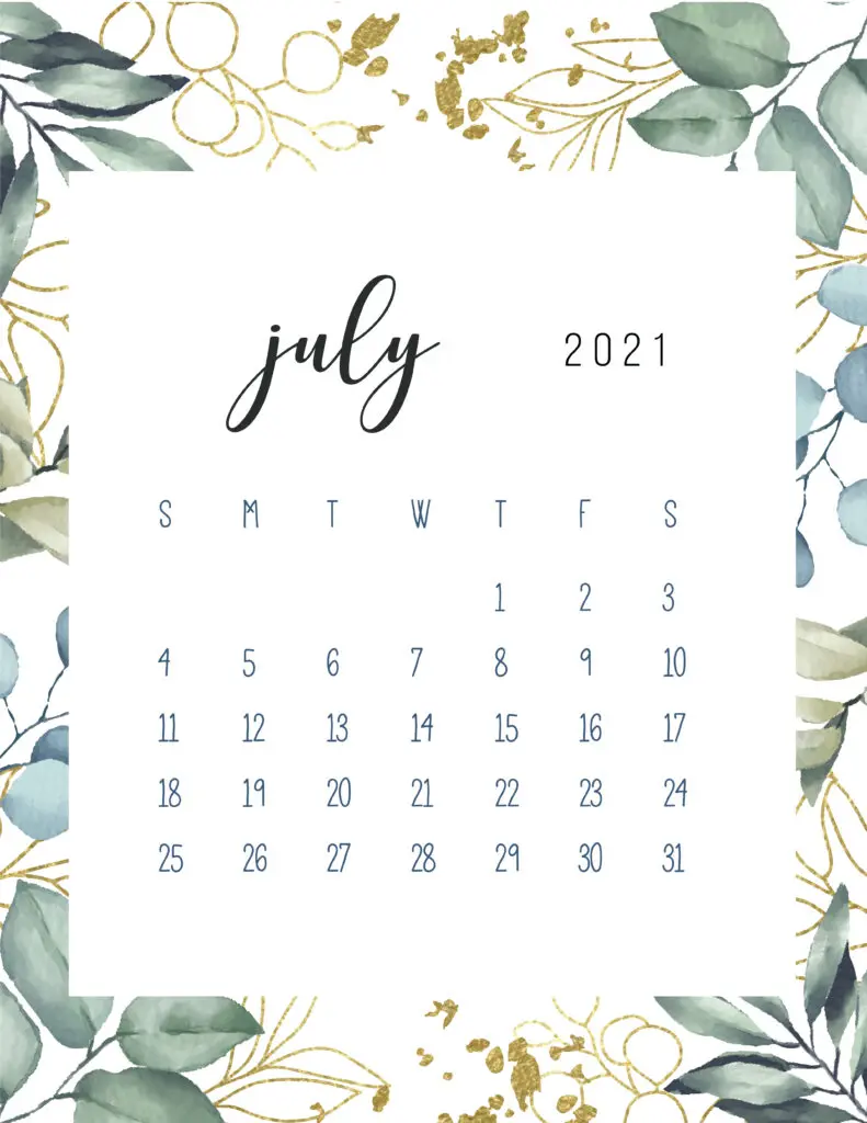 Free Printable July Calendar 2021 Botanical