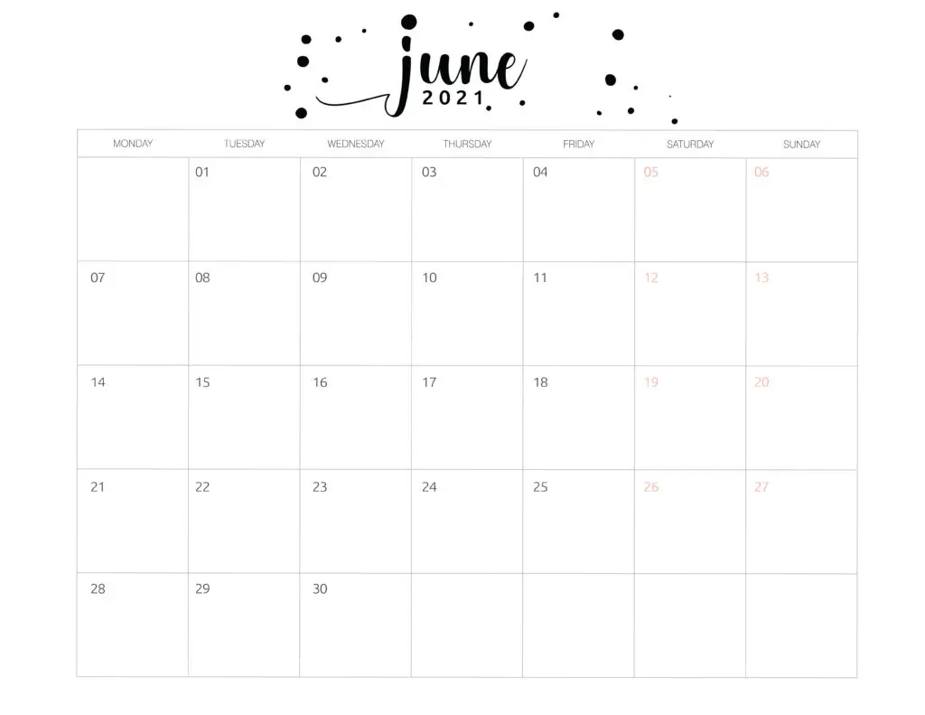 Free Printable June 2021 Calendar Brush Art