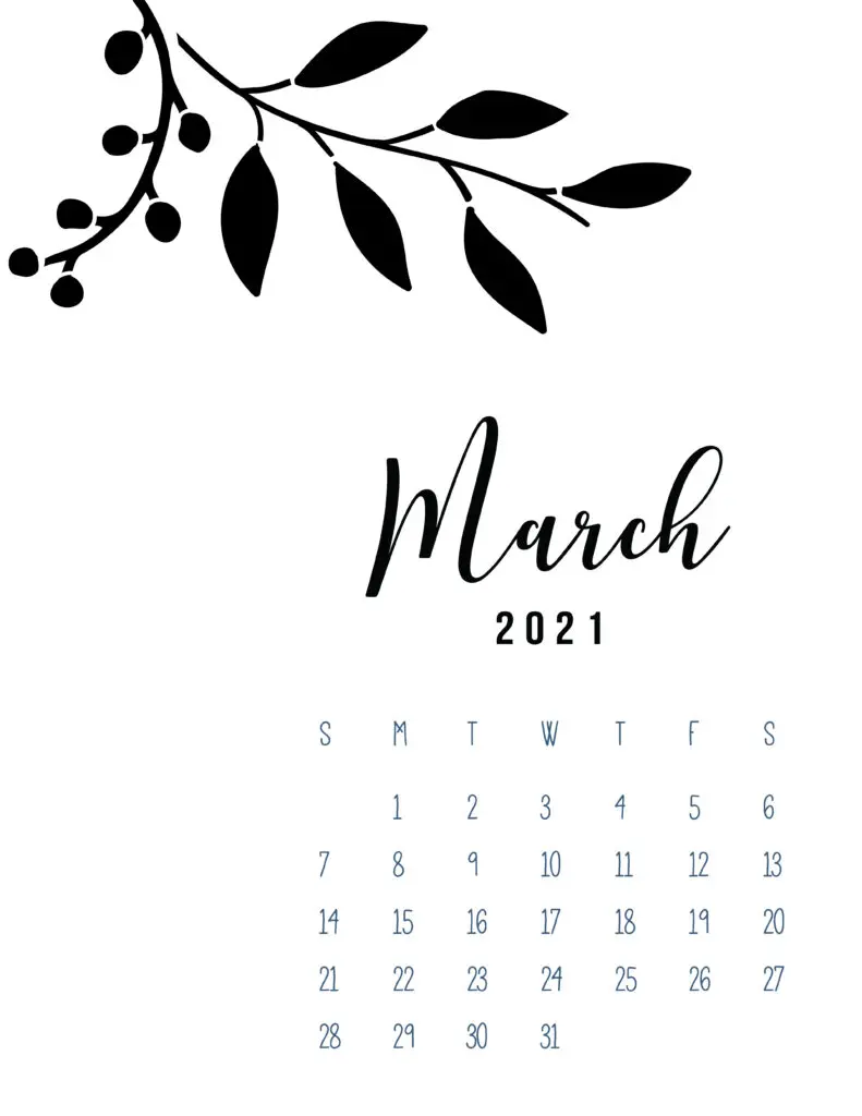 Free Printable March 2021 Calendar Botanical