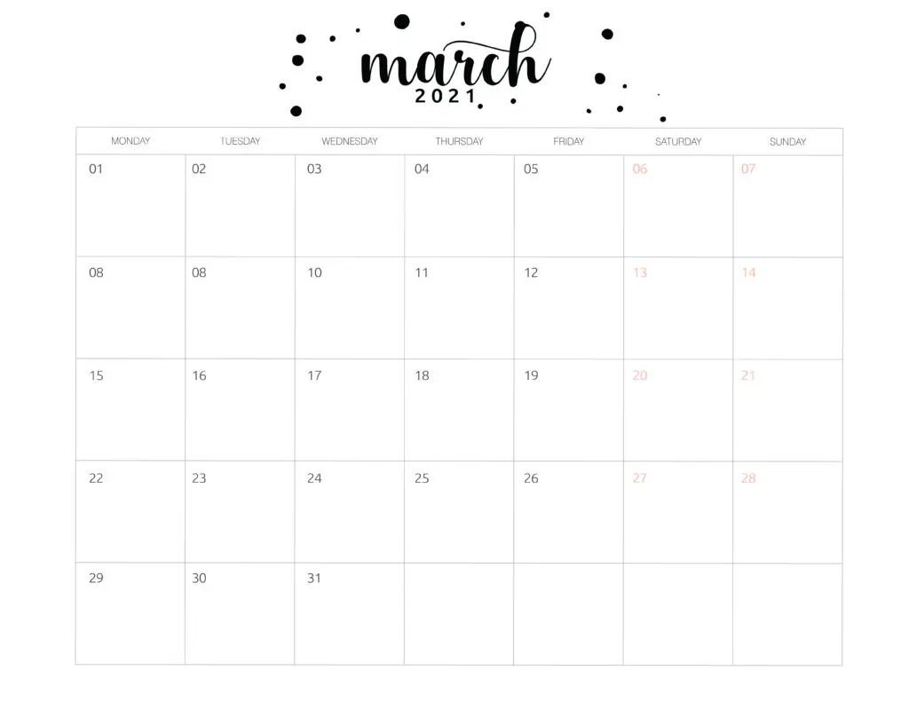 Free Printable March 2021 Calendar Brush Art