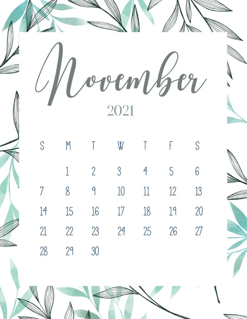 Free Printable November 2021 Botanical Calendar
