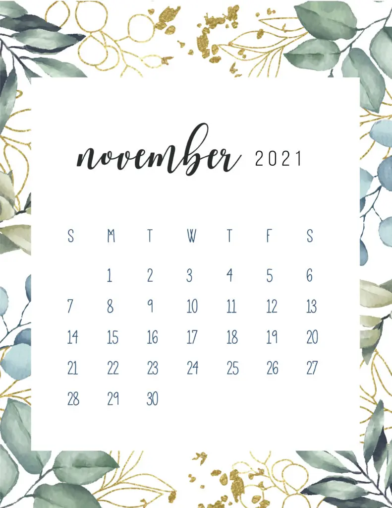 Free Printable November Calendar 2021 Botanical