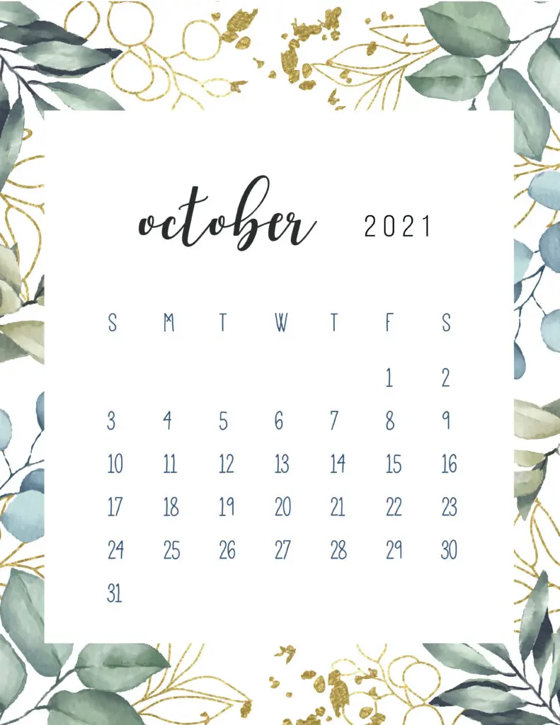 Free Printable October Calendar 2021 Botanical