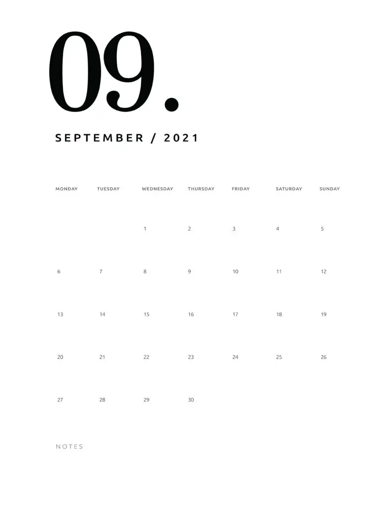 Free September 2021 Calendar Numerical