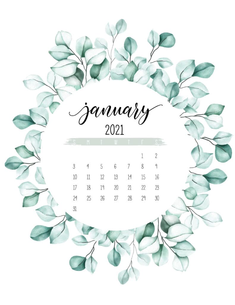 January 2021 Calendar Botanical Theme