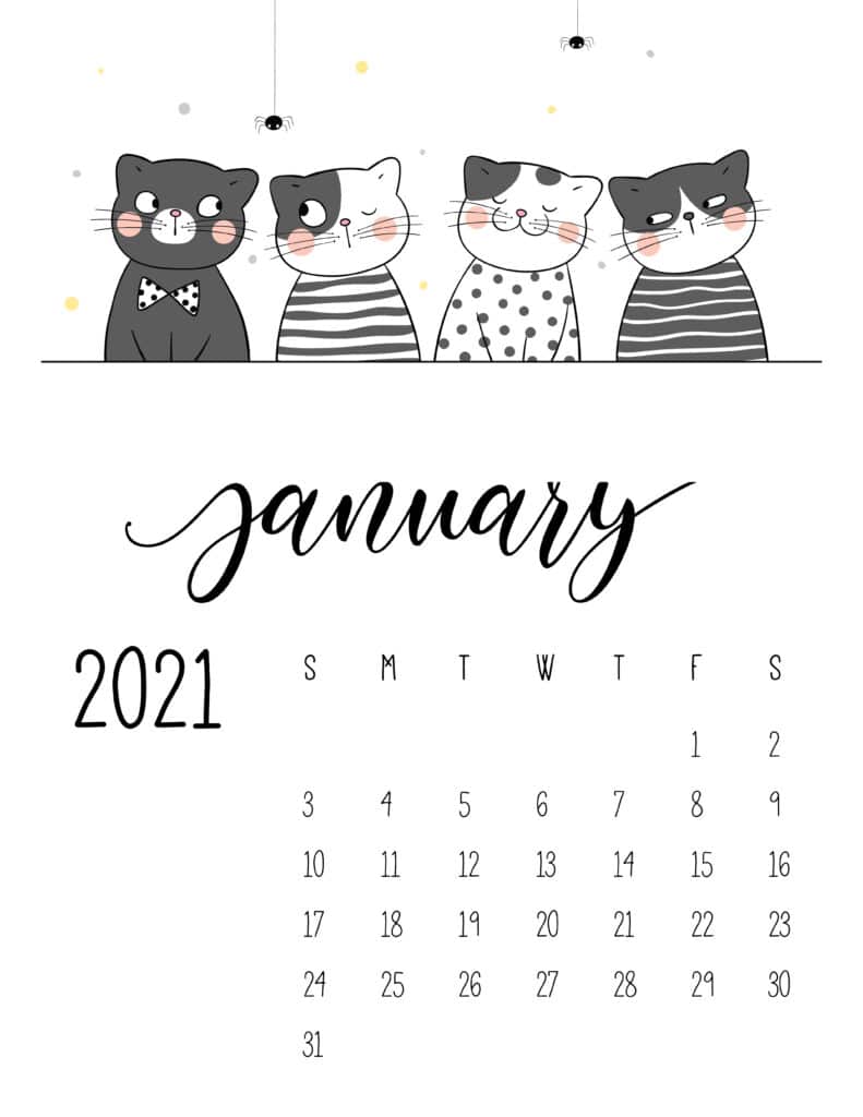 January 2021 Calendar Cute Cats