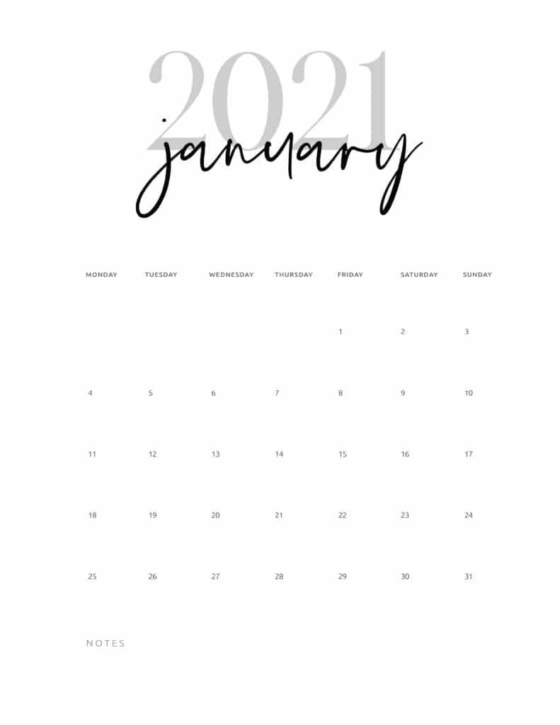 January 2021 Calendar Printable Cursive