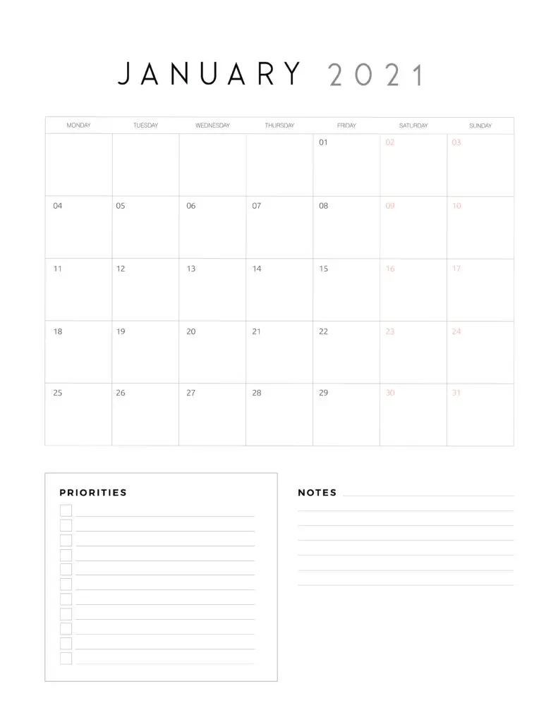 January 2021 Calendar With Priorities And Notes