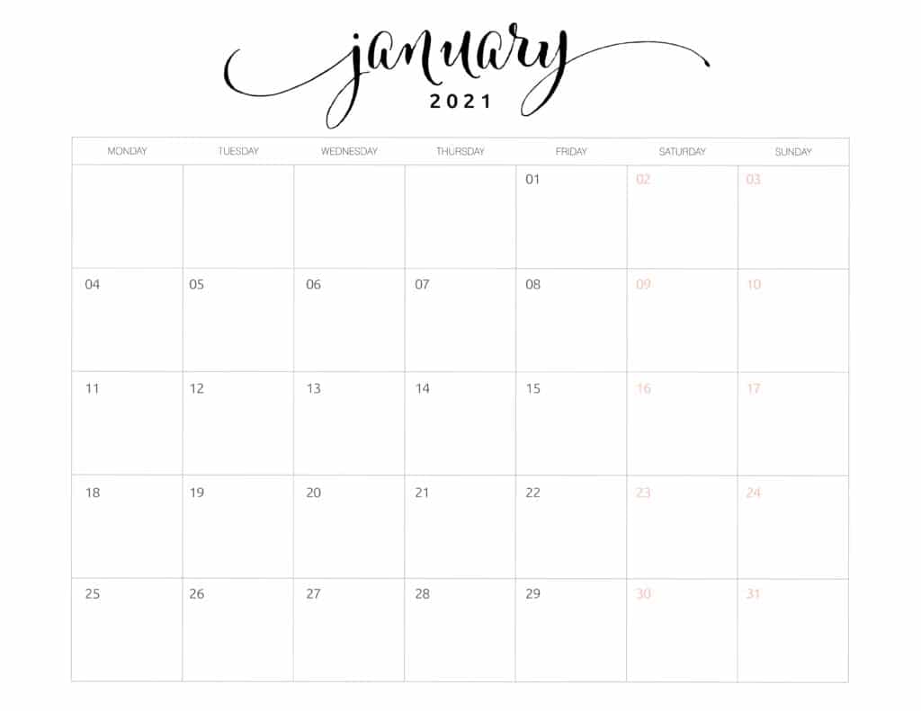 2021 Monthly Calendar Monday Start Printable